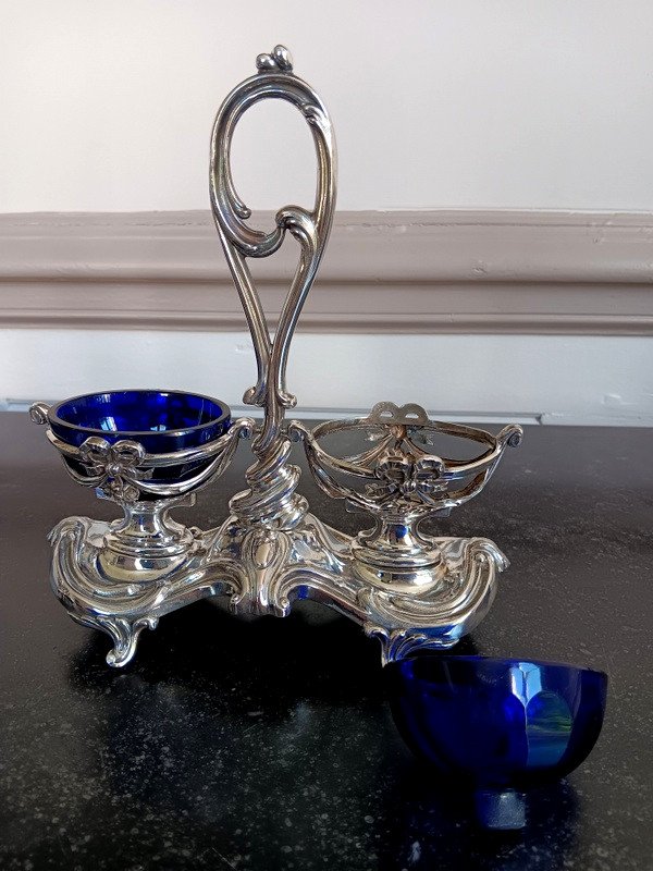 Pair Of Double Salt Shakers In Silver And Cobalt Blue Crystal-photo-3
