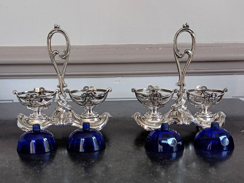 Pair Of Double Salt Shakers In Silver And Cobalt Blue Crystal-photo-5