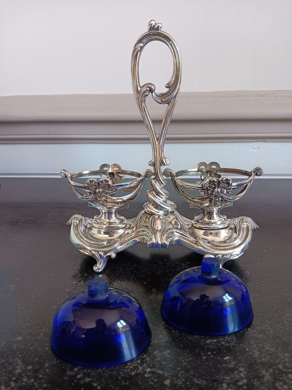 Pair Of Double Salt Shakers In Silver And Cobalt Blue Crystal-photo-8