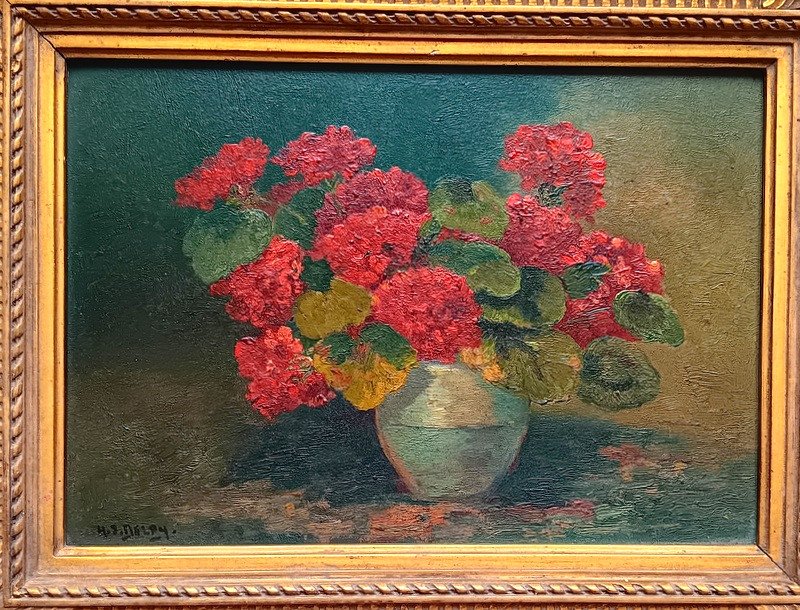 Henry Jacques Delpy (1877-1957) Bouquet De Fleurs Capucines Rouges -photo-2