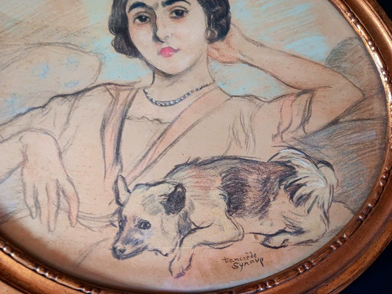 Tancrède Synave (1860-1936) Portrait Of Young Woman And Her Dog Pastel And Fat Pencil Drawing-photo-4