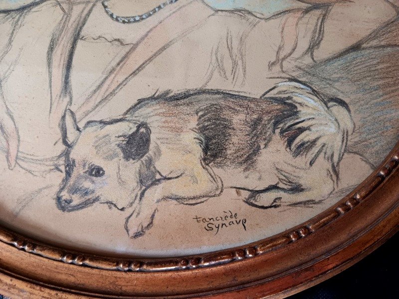 Tancrède Synave (1860-1936) Portrait Of Young Woman And Her Dog Pastel And Fat Pencil Drawing-photo-1