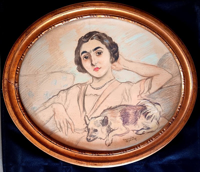 Tancrède Synave (1860-1936) Portrait Of Young Woman And Her Dog Pastel And Fat Pencil Drawing-photo-3