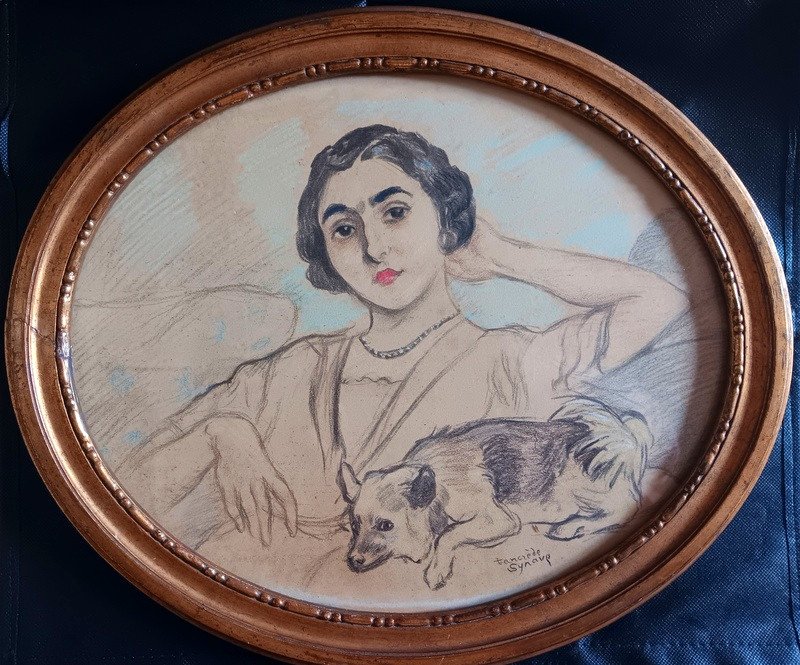 Tancrède Synave (1860-1936) Portrait Of Young Woman And Her Dog Pastel And Fat Pencil Drawing