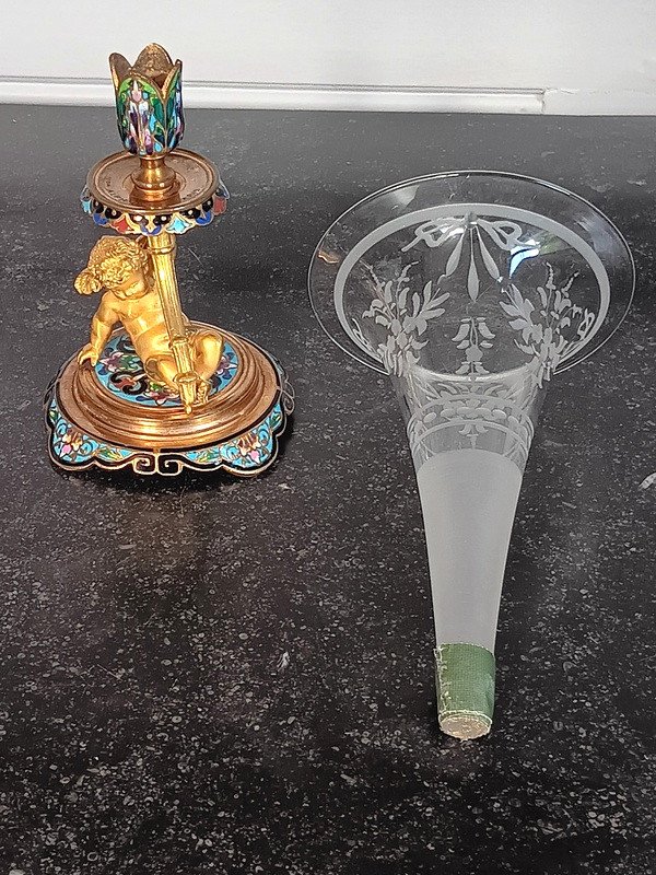 Alphonse Giroux (1776 - 1848) Vase Decor By Angelot Cupidon Crystal And Enamelled Gilt Bronze-photo-3