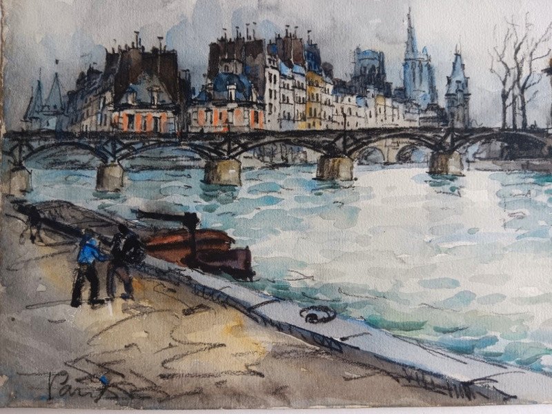 Frank Will (1900 - 1950) Aquarelle Paris Remorqueurs Sur La Seine-photo-3