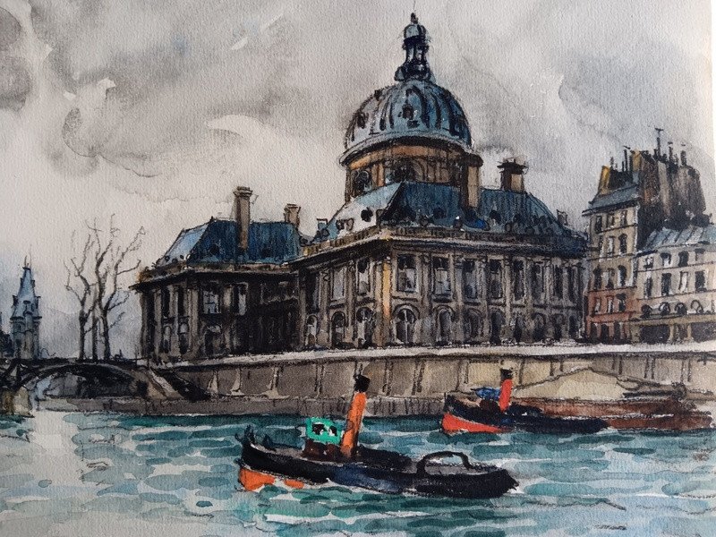 Frank Will (1900 - 1950) Aquarelle Paris Remorqueurs Sur La Seine-photo-4
