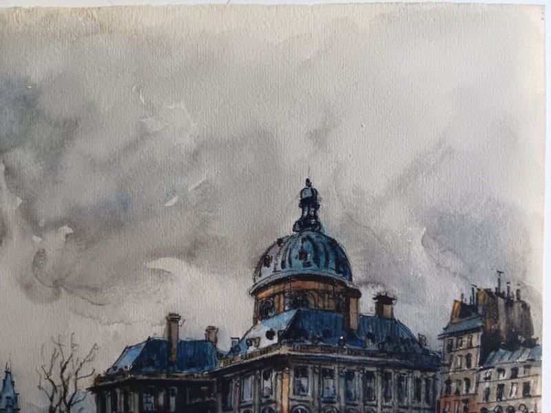 Frank Will (1900 - 1950) Aquarelle Paris Remorqueurs Sur La Seine-photo-1