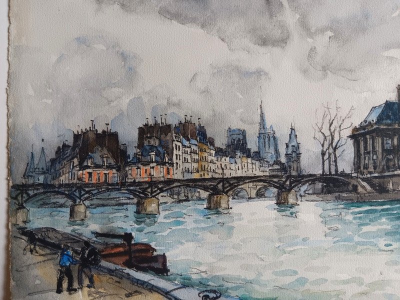 Frank Will (1900 - 1950) Aquarelle Paris Remorqueurs Sur La Seine-photo-2