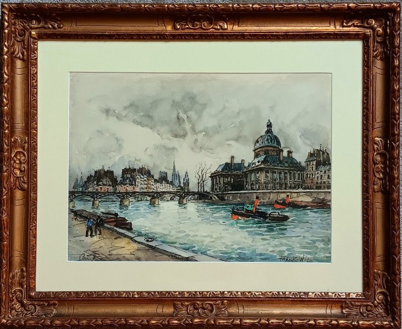 Frank Will (1900 - 1950) Aquarelle Paris Remorqueurs Sur La Seine-photo-3