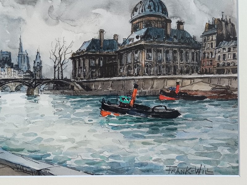 Frank Will (1900 - 1950) Aquarelle Paris Remorqueurs Sur La Seine-photo-6