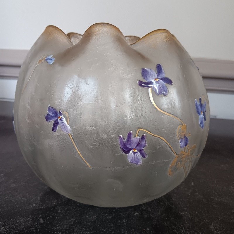 Superbe Vase Boule Aux Violettes Montjoye Legras Art Nouveau -photo-4