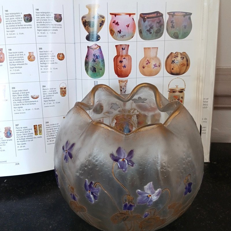 Superbe Vase Boule Aux Violettes Montjoye Legras Art Nouveau -photo-5