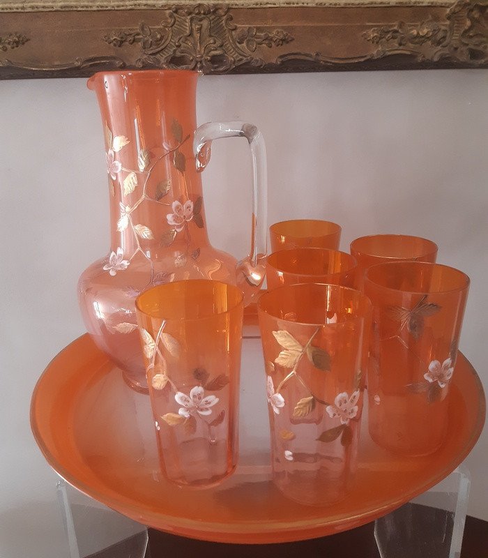 Legras Service En Verre émaillé Fleurs De Pommier Cerisier Opalescent Art Nouveau 1900-photo-2