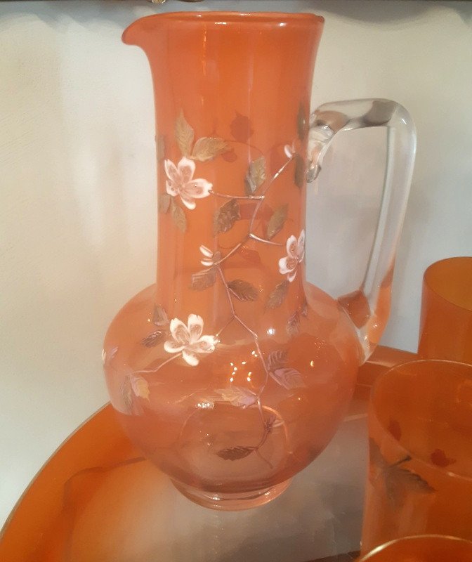 Legras Service En Verre émaillé Fleurs De Pommier Cerisier Opalescent Art Nouveau 1900-photo-3