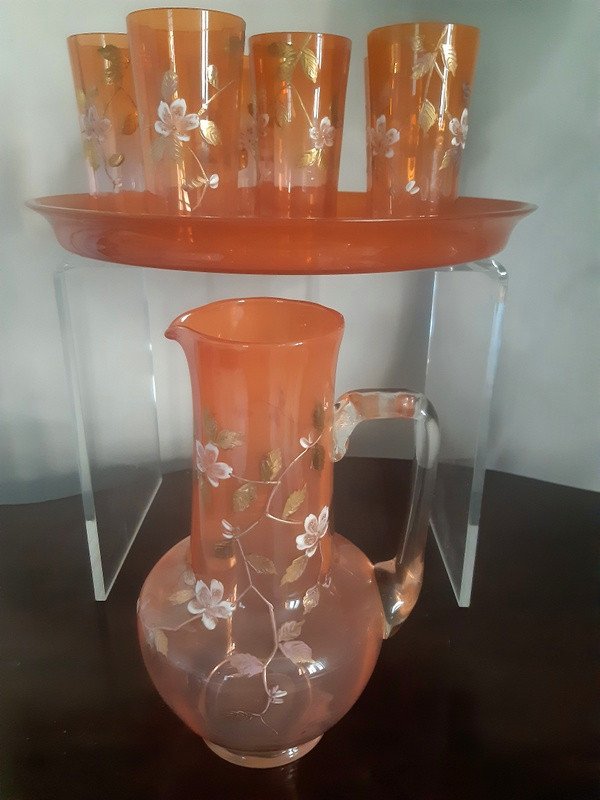 Legras Service En Verre émaillé Fleurs De Pommier Cerisier Opalescent Art Nouveau 1900-photo-4