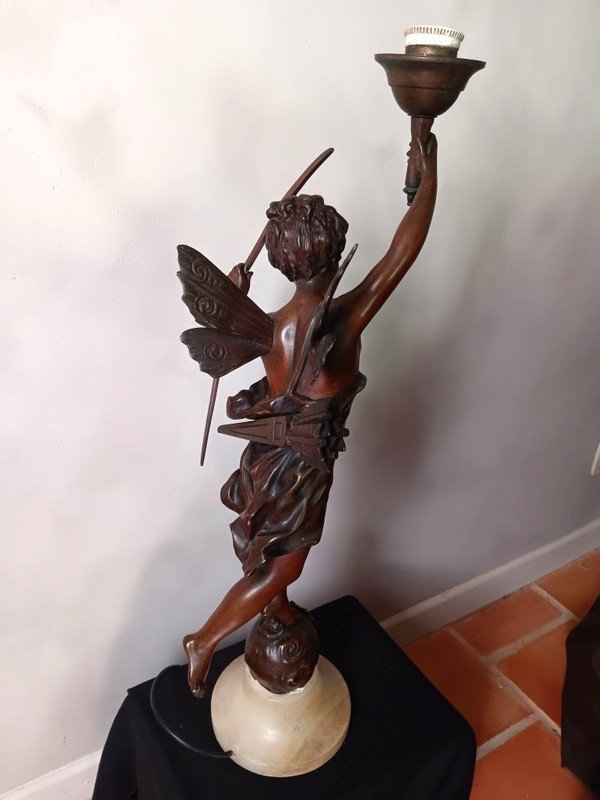 Grande Lampe En Bronze Figurant Une Femme Papillon Art Nouveau époque 1900-photo-1
