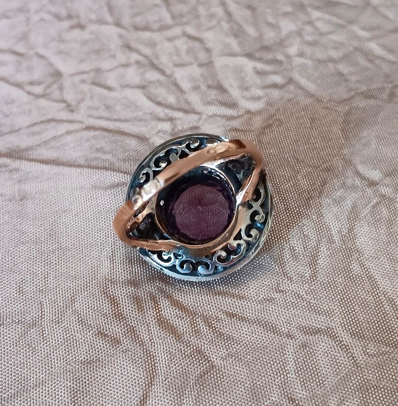 Amethyst Ring In 18 Carat Gold Silver Diamonds And Enamel Art Nouveau Period 1880 - 1900-photo-3