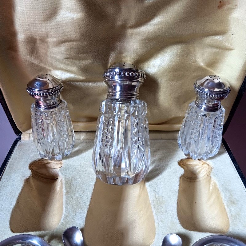 Bel Ensemble Salière Poivrière Salerons Saupoudreuse En Cristal Taillé Et Argent Art Déco-photo-2