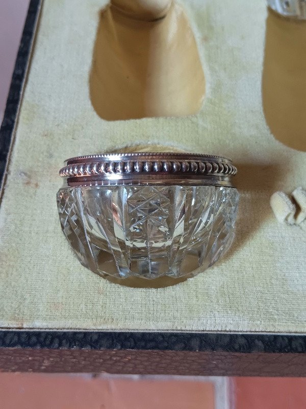 Bel Ensemble Salière Poivrière Salerons Saupoudreuse En Cristal Taillé Et Argent Art Déco-photo-1