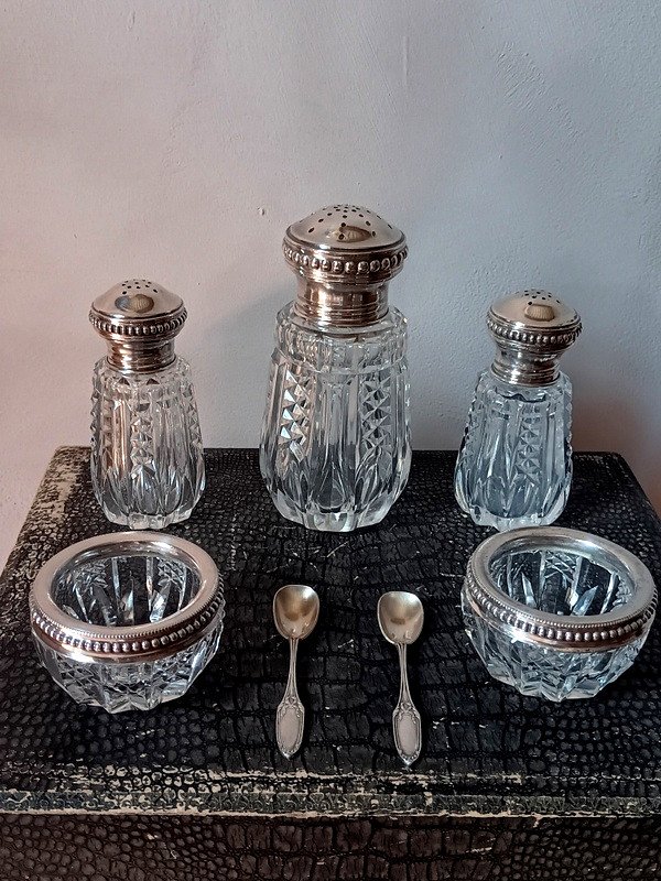 Bel Ensemble Salière Poivrière Salerons Saupoudreuse En Cristal Taillé Et Argent Art Déco-photo-2