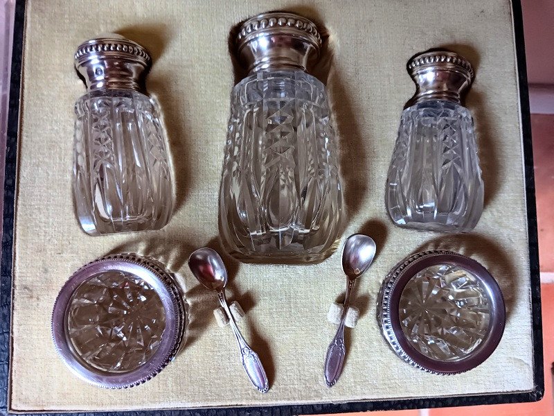 Bel Ensemble Salière Poivrière Salerons Saupoudreuse En Cristal Taillé Et Argent Art Déco-photo-8