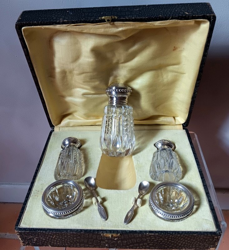 Bel Ensemble Salière Poivrière Salerons Saupoudreuse En Cristal Taillé Et Argent Art Déco