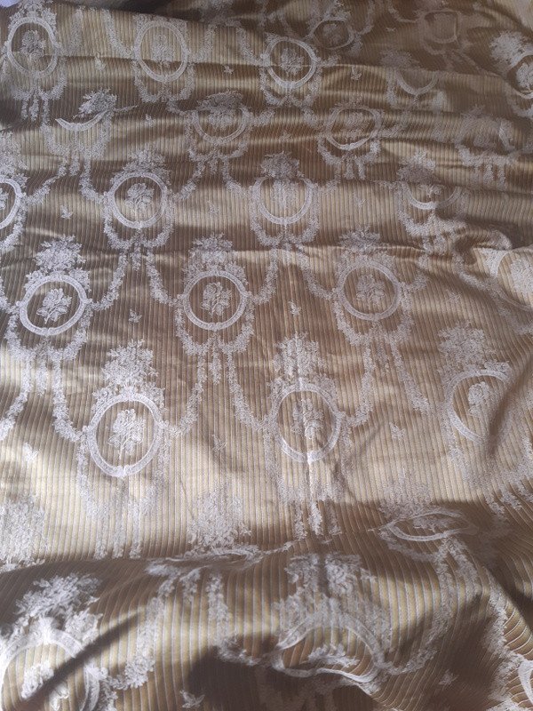 Ancienne Tenture Portière Rideau tissu Soie Jacquard à Rayures Et Médaillons Fleuris Louis XVI-photo-2