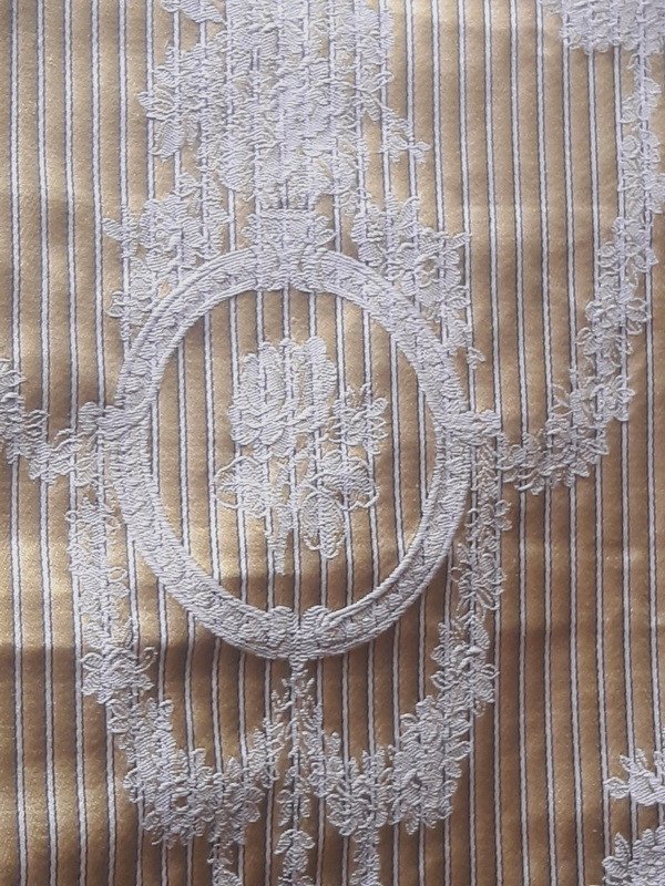 Ancienne Tenture Portière Rideau tissu Soie Jacquard à Rayures Et Médaillons Fleuris Louis XVI-photo-4