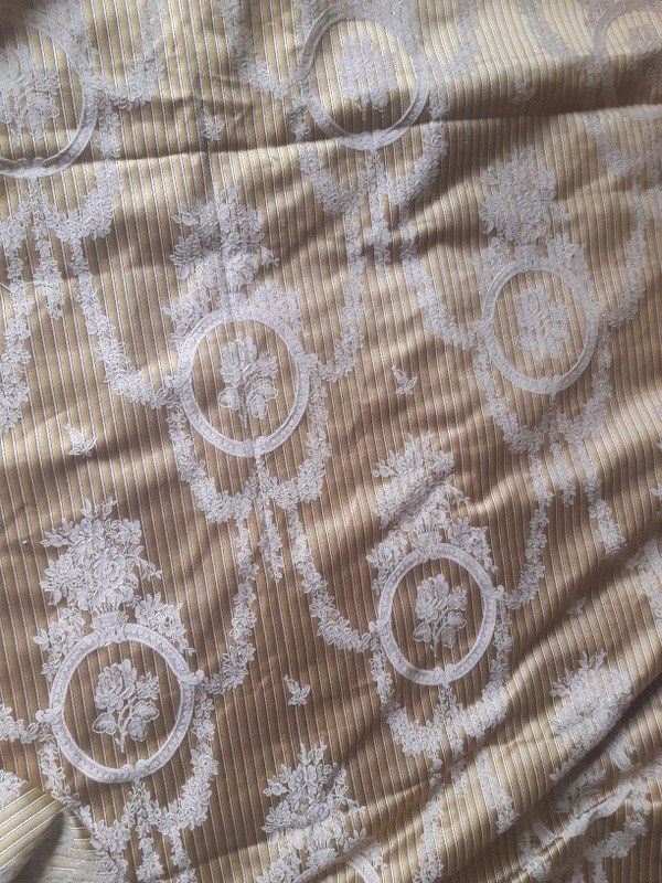 Ancienne Tenture Portière Rideau tissu Soie Jacquard à Rayures Et Médaillons Fleuris Louis XVI-photo-2