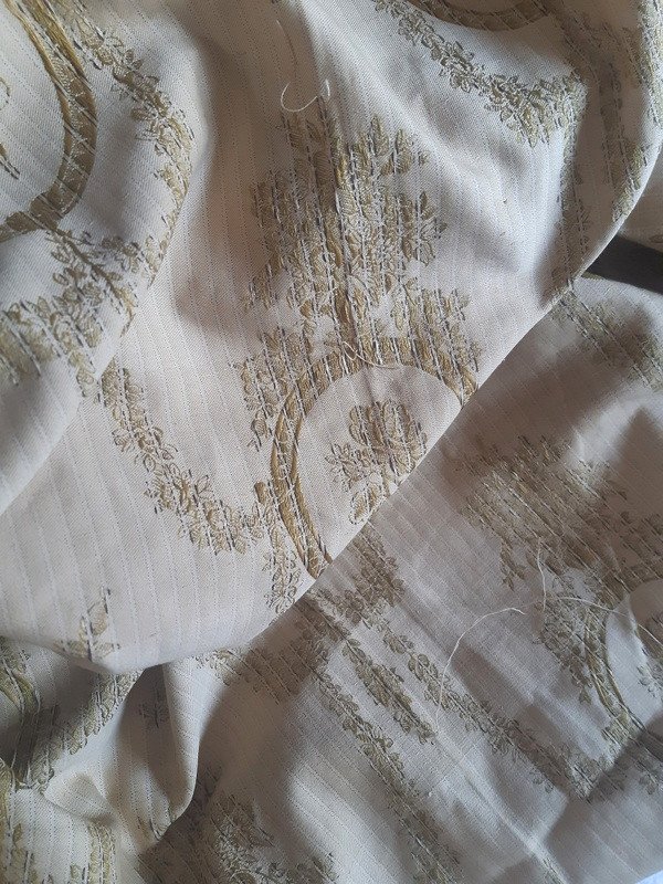 Ancienne Tenture Portière Rideau tissu Soie Jacquard à Rayures Et Médaillons Fleuris Louis XVI-photo-5
