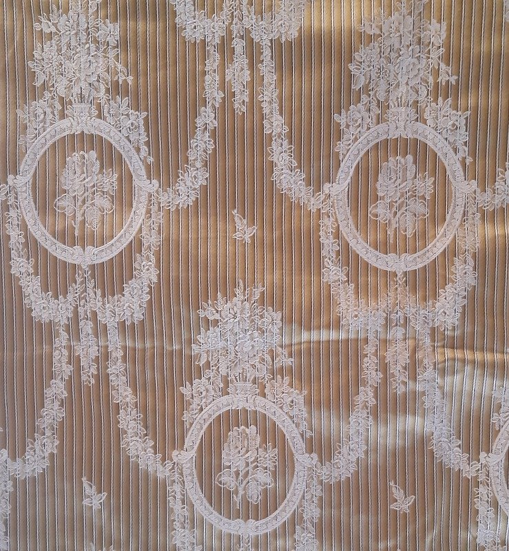 Ancienne Tenture Portière Rideau tissu Soie Jacquard à Rayures Et Médaillons Fleuris Louis XVI-photo-7