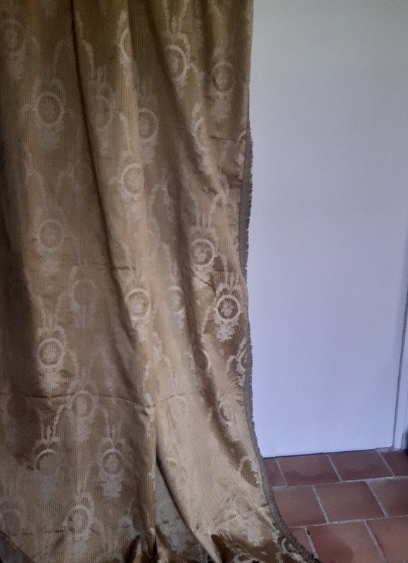 Ancienne Tenture Portière Rideau tissu Soie Jacquard à Rayures Et Médaillons Fleuris Louis XVI-photo-8