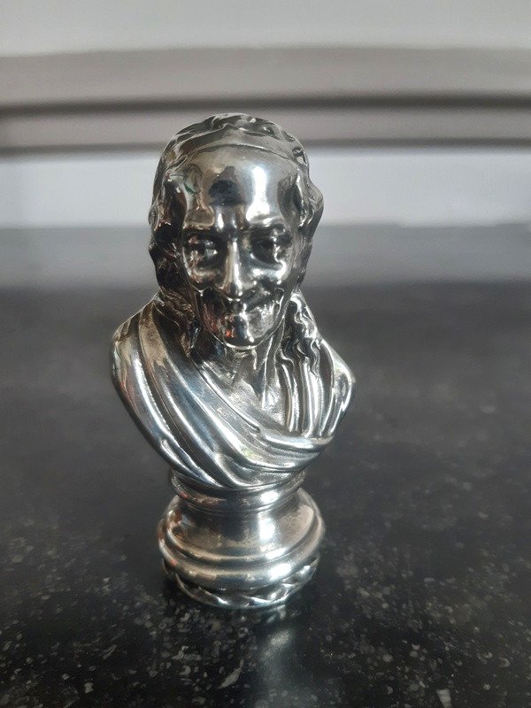 Pyrogenic Match Holder Box Bust Of Voltaire In Silver Metal