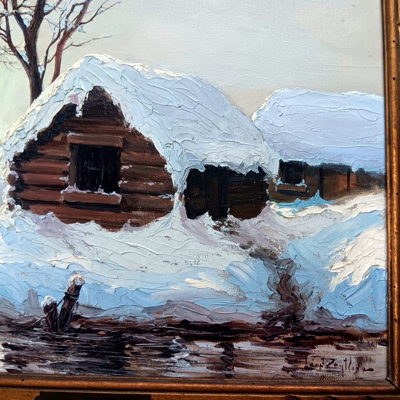 Léon Zeytline (1885-1962) Bord De Rivière Paysage Sous La Neige En Alsace Tableau Peinture Huil-photo-3