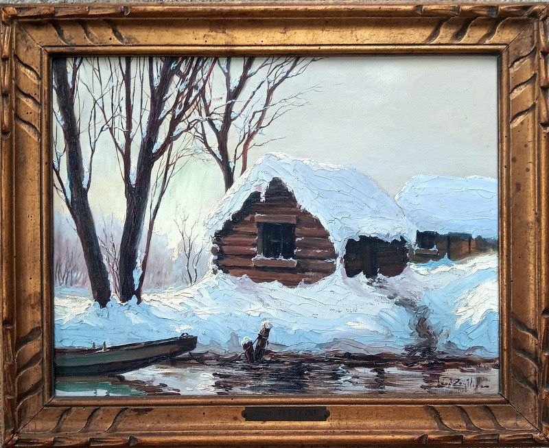 Léon Zeytline (1885-1962) Bord De Rivière Paysage Sous La Neige En Alsace Tableau Peinture Huil