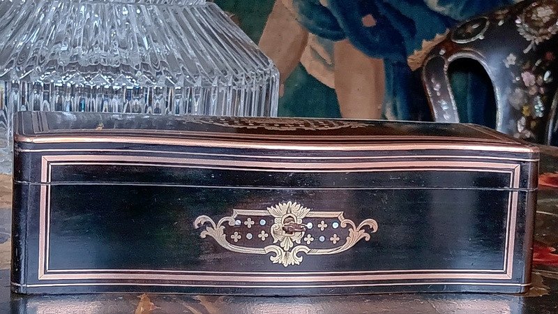 Elégante Boite à Gants Coffret à Bijoux Marqueterie Boulle à La Reine Napoléon III-photo-3
