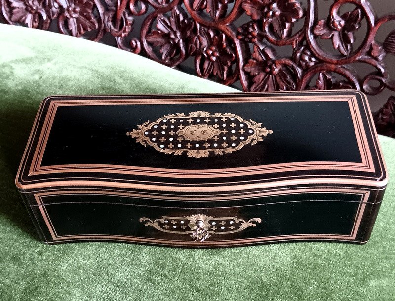 Elégante Boite à Gants Coffret à Bijoux Marqueterie Boulle à La Reine Napoléon III-photo-5