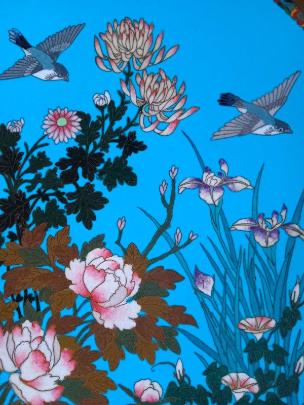 Superb Pair Of Cloisonné Enamel Plates, Silver, Japan, Meiji Period (1868-1912)-photo-6