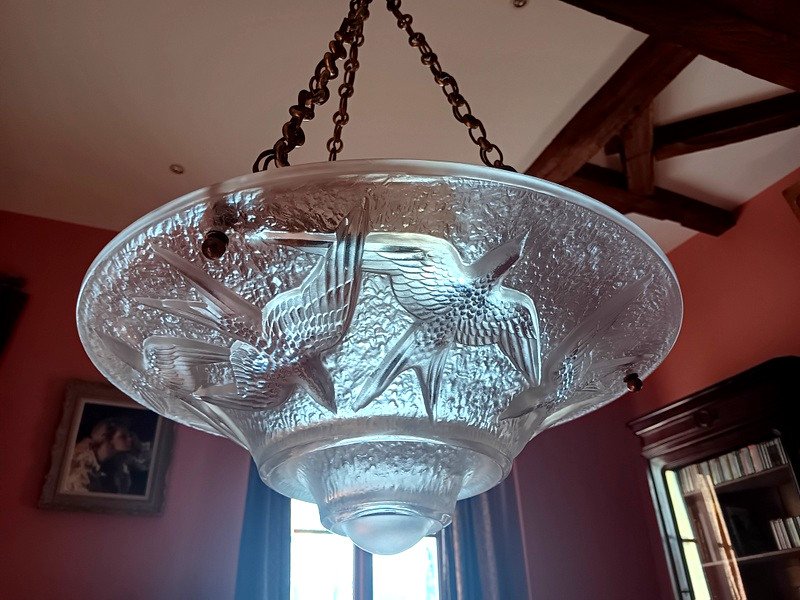 Maurice Model Verdun Superb Suspension Ceiling Chandelier With Swallows Art Deco Circa 1930-photo-2