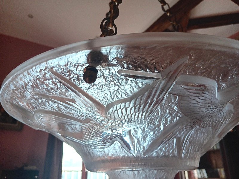 Maurice Model Verdun Superb Suspension Ceiling Chandelier With Swallows Art Deco Circa 1930-photo-1