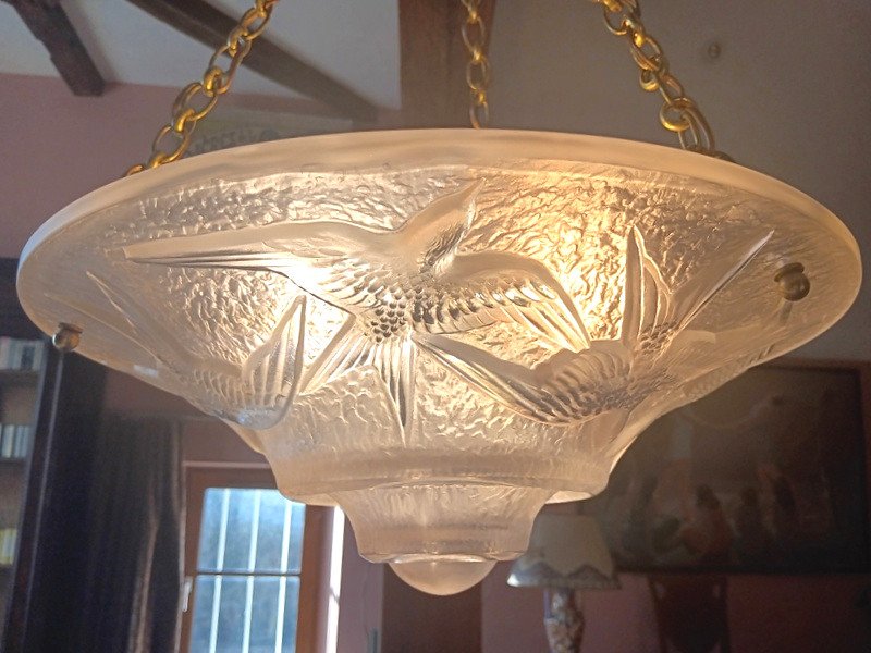 Maurice Model Verdun Superb Suspension Ceiling Chandelier With Swallows Art Deco Circa 1930-photo-6