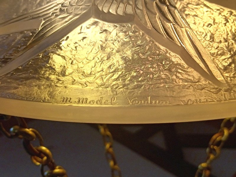 Maurice Model Verdun Superb Suspension Ceiling Chandelier With Swallows Art Deco Circa 1930-photo-8