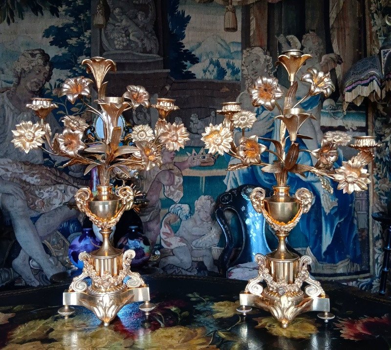 Paire De Candélabres En Bronze Doré Style Louis XVI Epoque Napoléon III 19ème Siècle -photo-2