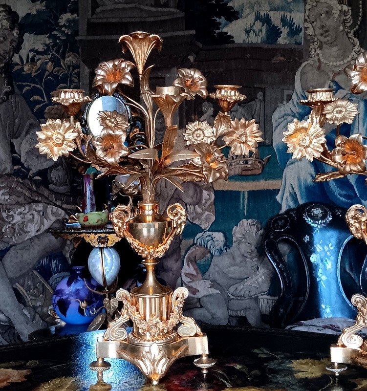 Paire De Candélabres En Bronze Doré Style Louis XVI Epoque Napoléon III 19ème Siècle -photo-4