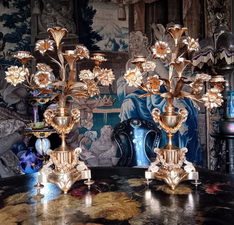 Paire De Candélabres En Bronze Doré Style Louis XVI Epoque Napoléon III 19ème Siècle 