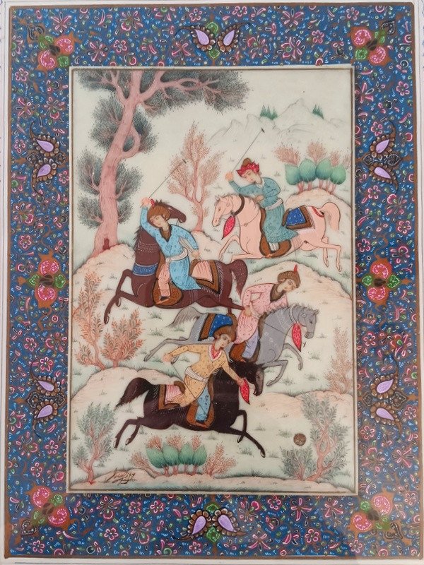 Oriental Indo Syrian Gouache Polo Game Painting Frame In Gilded Brass Micromosaic Marquetry-photo-3