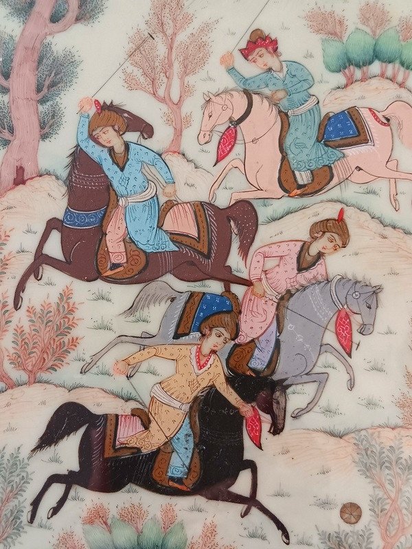 Oriental Indo Syrian Gouache Polo Game Painting Frame In Gilded Brass Micromosaic Marquetry-photo-1