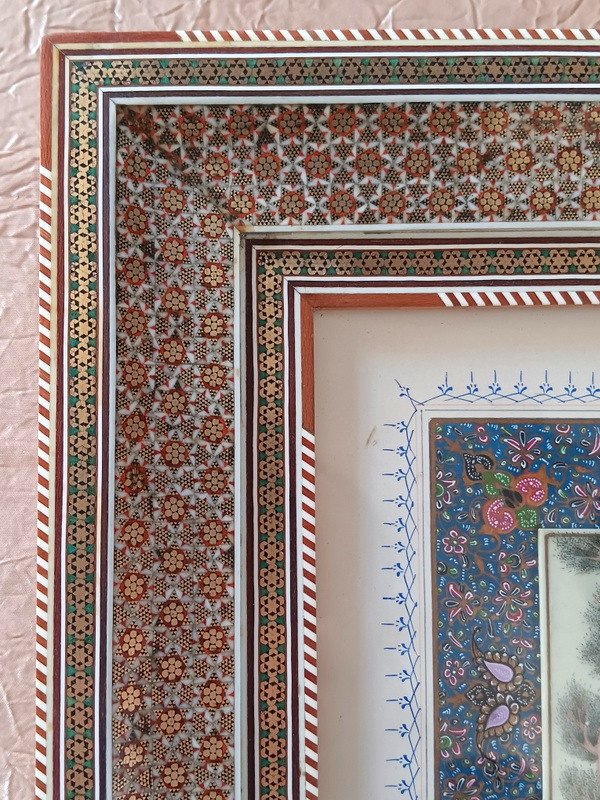 Oriental Indo Syrian Gouache Polo Game Painting Frame In Gilded Brass Micromosaic Marquetry-photo-4