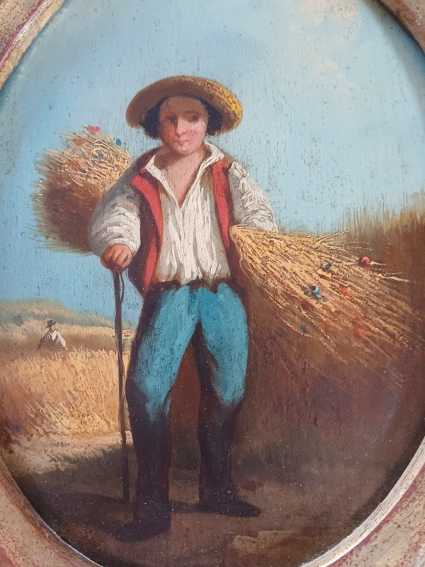 Charming Pair Of Medallion Paintings Depicting Two Young Peasants In The Countryside-photo-4